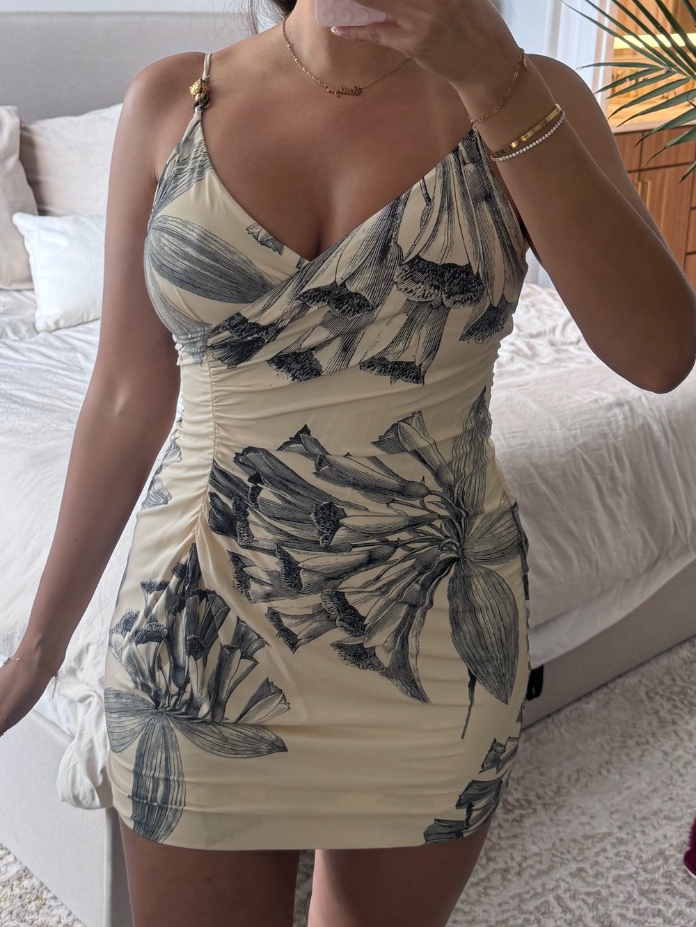 Roberto Cavalli Cream Mini Dress with Gray Botanical Print